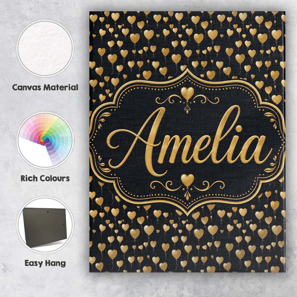 Personalised Name Golden Heart Balloon Custom Modern Room Accent Elegant Feature Canvas Wall Art Print Decor Picture Ready to Hang