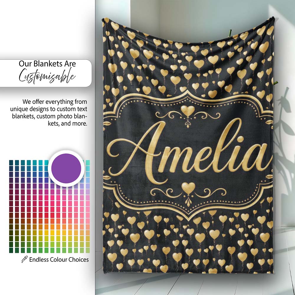 Golden Heart Balloon Luxury Seamless Pattern Celebration Background Personalised Custom Name Super Soft Fleece Blanket Bed Sofa Throw