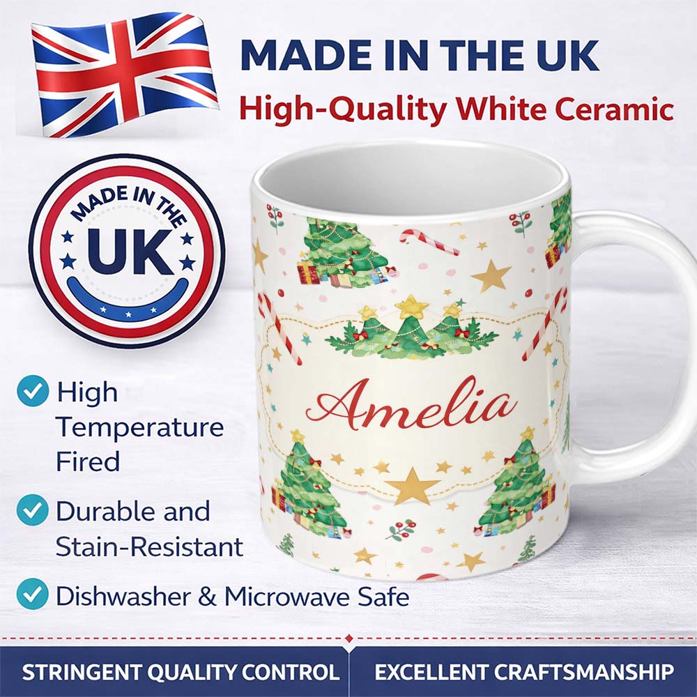 Personalized Custom Name Watercolor Christmas Tree Candy Cane Pattern Festive Seamless Design 11oz Ceramic Coffee Tea Mug White Large Handle