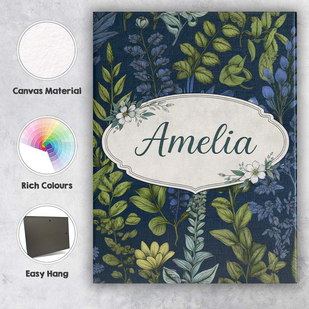 Personalised Name Elegant Botanical Leaves Blue Green Floral Seamless Custom Home Unique Canvas Wall Art Print Decor Picture Ready to Hang