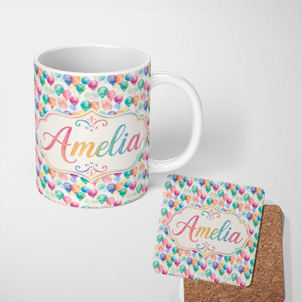 Personalized Custom Name Soft Pastel Balloon Dreamy Seamless Pattern Light Festive 11oz Ceramic Coffee Tea Mug White Large Handle