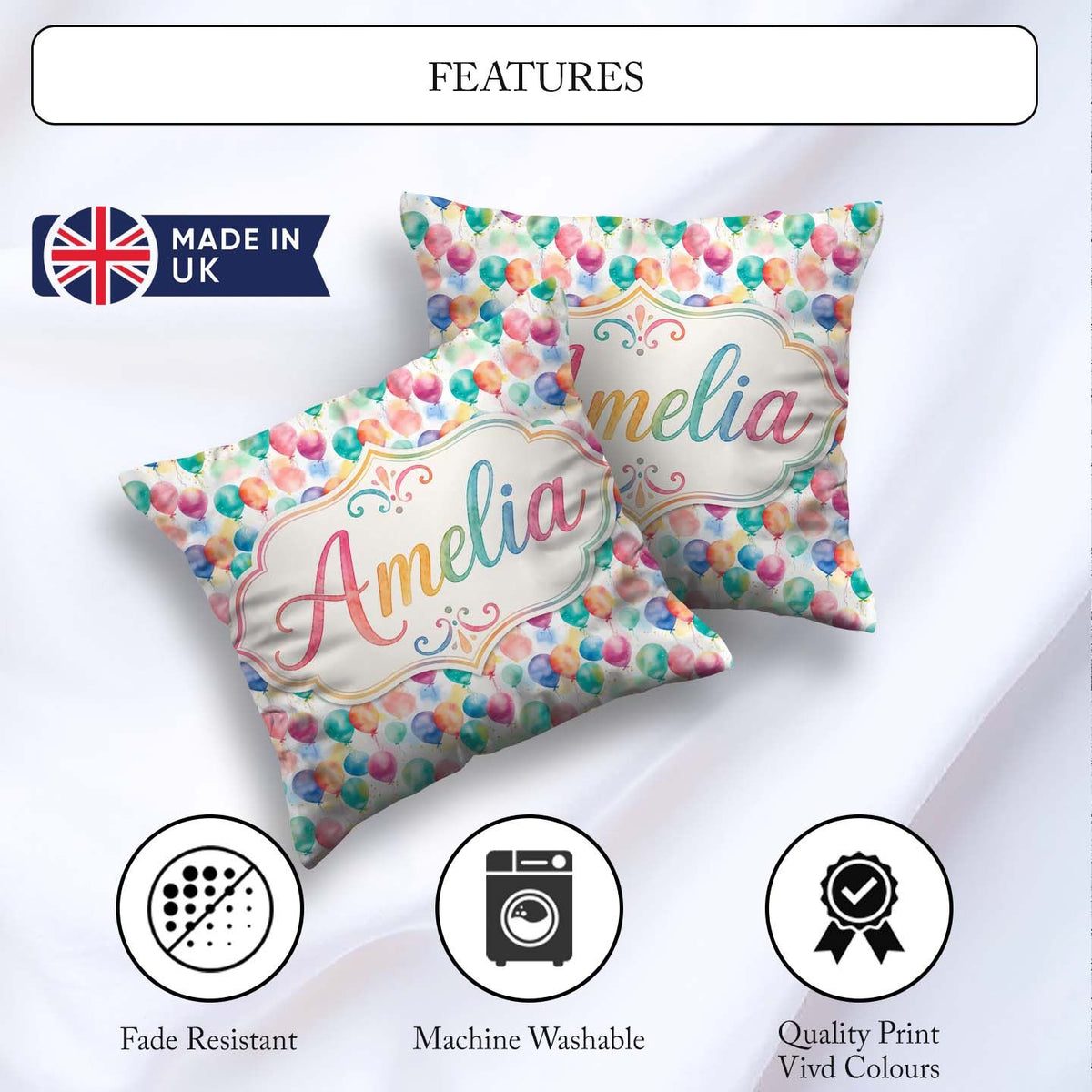 Custom Name Pastel Balloon Dreamy Seamless Pattern Light Festive Square Filled Cushion Throw Pillow Sofa Bed Home Decor Zip Washable UK Made