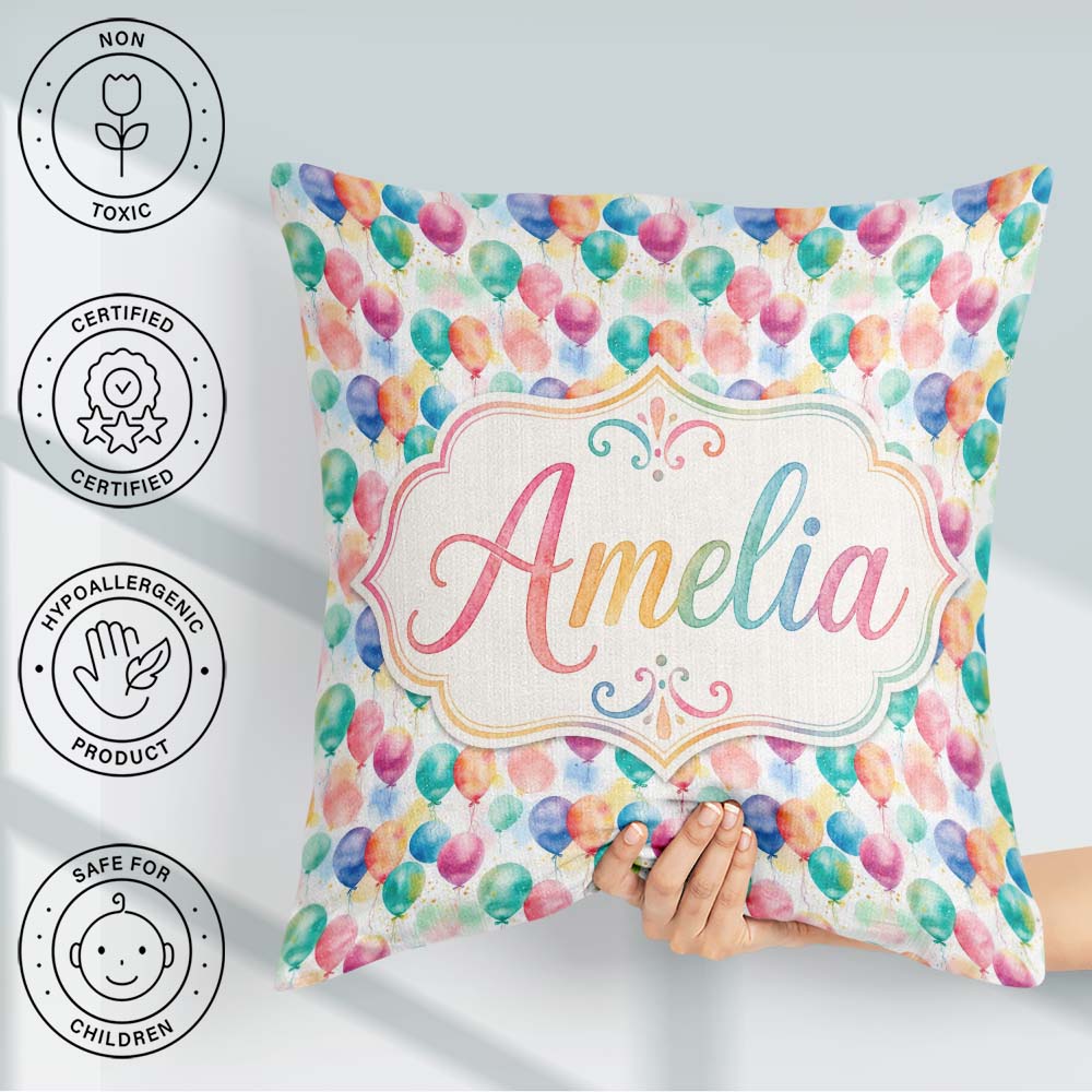 Custom Name Pastel Balloon Dreamy Seamless Pattern Light Festive Square Filled Cushion Throw Pillow Sofa Bed Home Decor Zip Washable UK Made