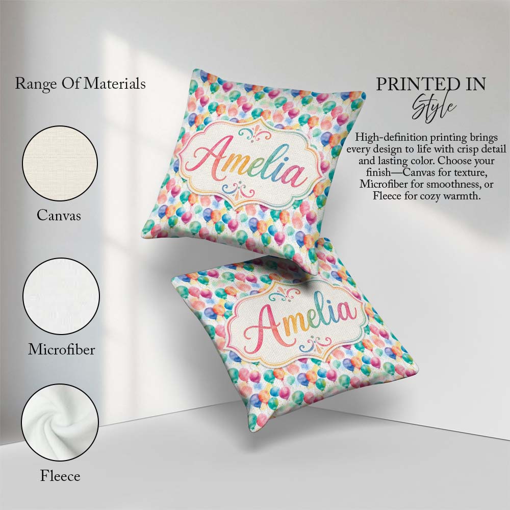 Custom Name Pastel Balloon Dreamy Seamless Pattern Light Festive Square Filled Cushion Throw Pillow Sofa Bed Home Decor Zip Washable UK Made