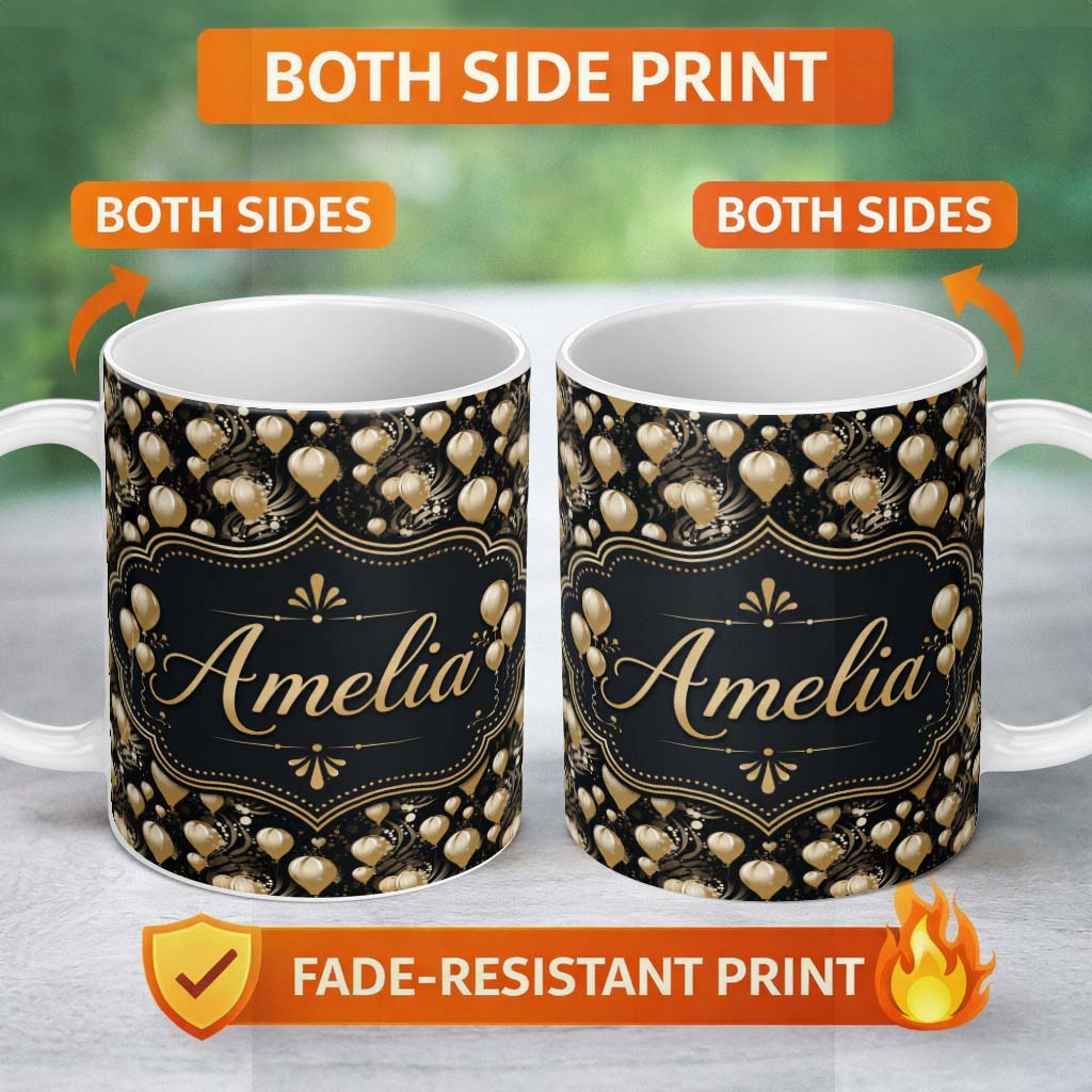 Personalized Custom Name Gold Balloon Glamorous Seamless Pattern Elegant Celebration 11oz Ceramic Coffee Tea Mug White Large Handle