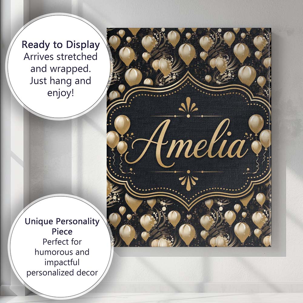 Personalised Name Gold Balloon Glamorous Custom Unique Gift Idea Elegant Feature Canvas Wall Art Print Decor Picture Ready to Hang