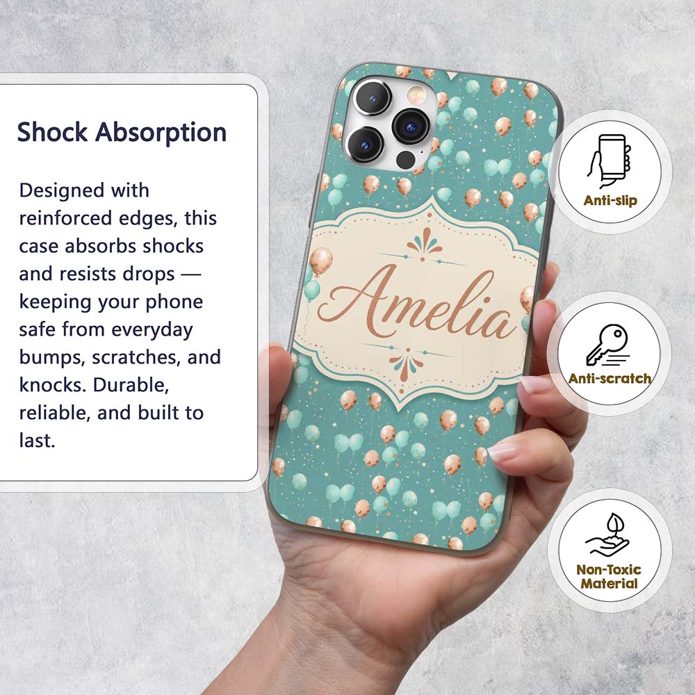 Teal Gold Balloon Starry Seamless Pattern Elegant Custom Name Protective Phone Case Mobile Cover Durable Everyday Smartphone Shock Resistant