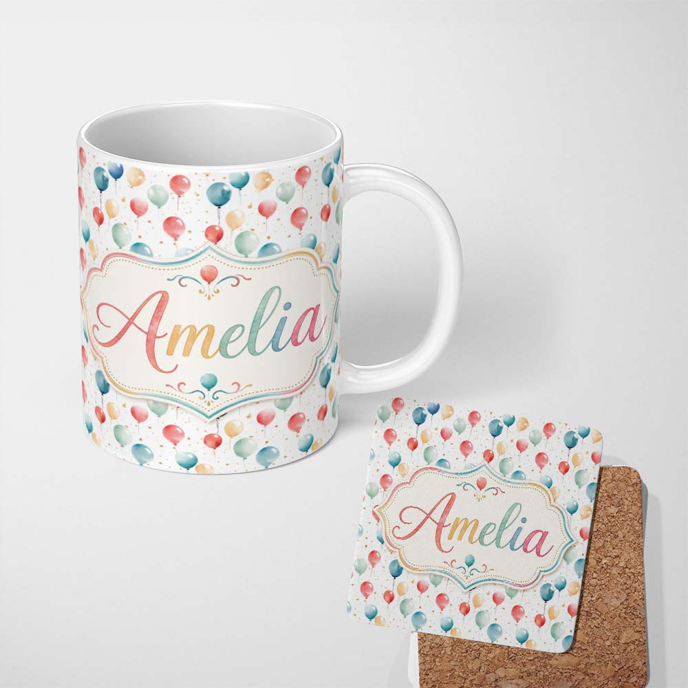 Personalized Custom Name Confetti Balloon Party Seamless Pattern Light Celebration 11oz Ceramic Coffee Tea Mug White Large Handle