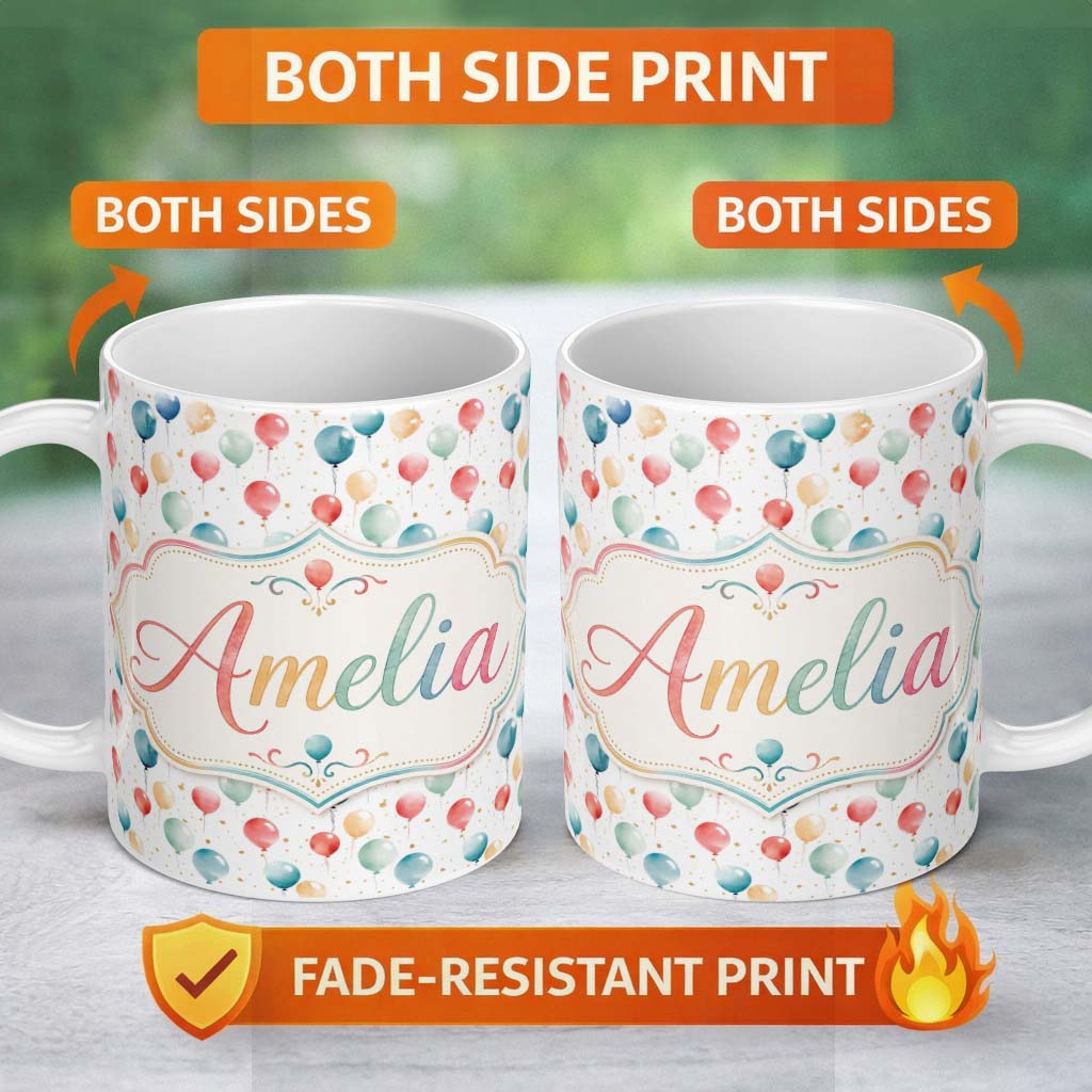 Personalized Custom Name Confetti Balloon Party Seamless Pattern Light Celebration 11oz Ceramic Coffee Tea Mug White Large Handle