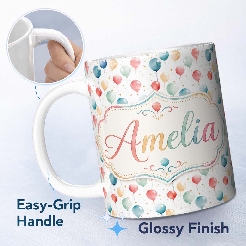 Personalized Custom Name Confetti Balloon Party Seamless Pattern Light Celebration 11oz Ceramic Coffee Tea Mug White Large Handle