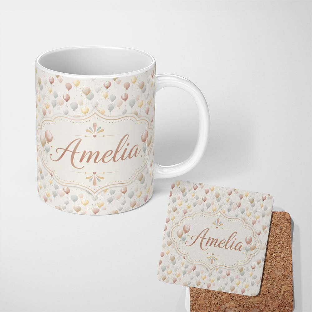 Personalized Custom Name Pastel Balloon Elegant Seamless Pattern Soft Celebration Background 11oz Ceramic Coffee Tea Mug White Large Handle