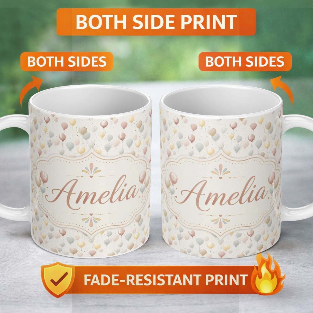 Personalized Custom Name Pastel Balloon Elegant Seamless Pattern Soft Celebration Background 11oz Ceramic Coffee Tea Mug White Large Handle