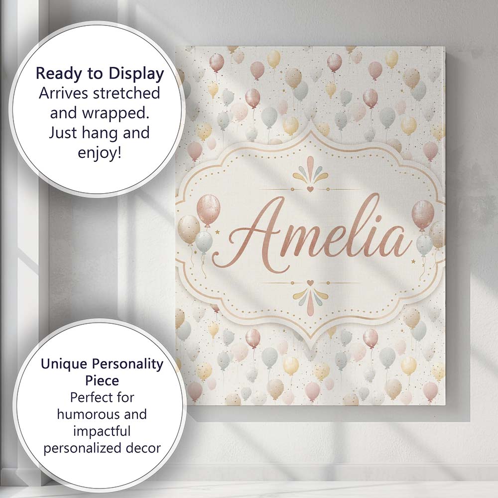 Personalised Name Pastel Balloon Elegant Custom Interior Decorative Contemporary Canvas Wall Art Print Decor Picture Ready to Hang