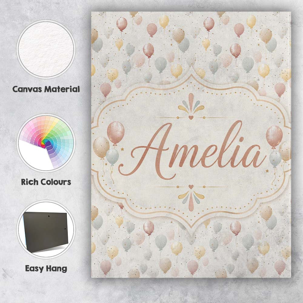 Personalised Name Pastel Balloon Elegant Custom Interior Decorative Contemporary Canvas Wall Art Print Decor Picture Ready to Hang