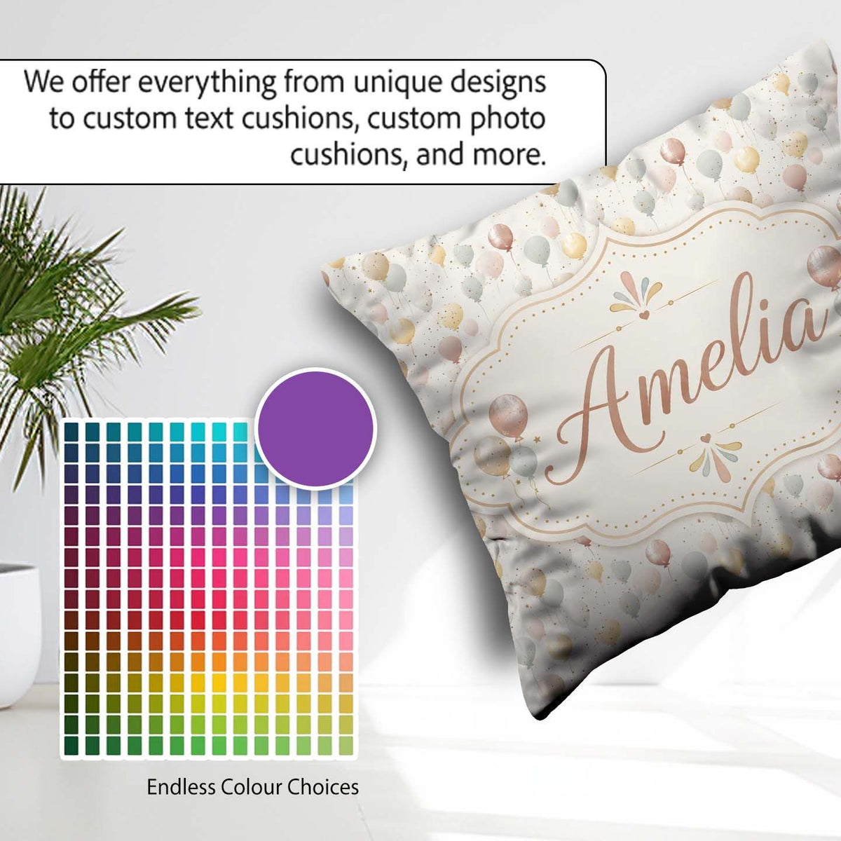 Custom Name Balloon Elegant Seamless Soft Celebration Background Square Filled Cushion Throw Pillow Sofa Bed Home Decor Zip Washable UK Made