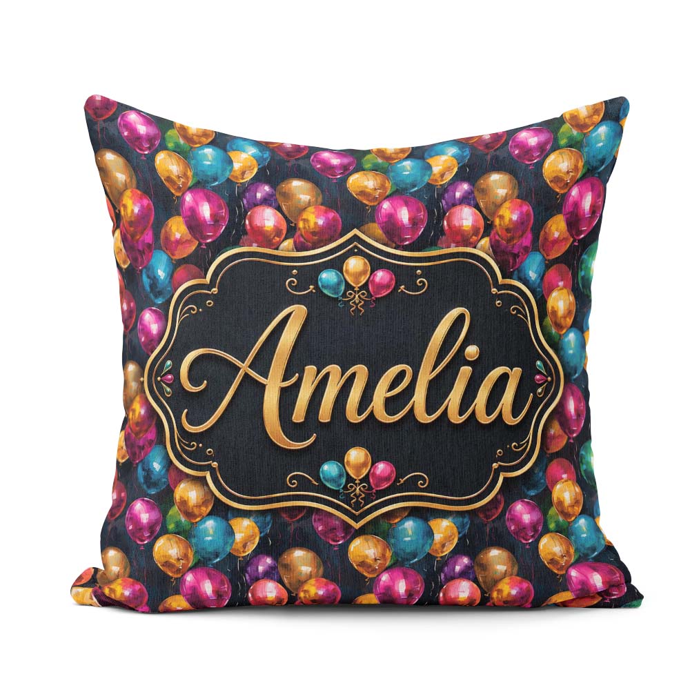 Custom Name Colorful Party Balloons Dark Background Pattern Name Square Filled Cushion Throw Pillow Sofa Bed Home Decor Zip Washable UK Made