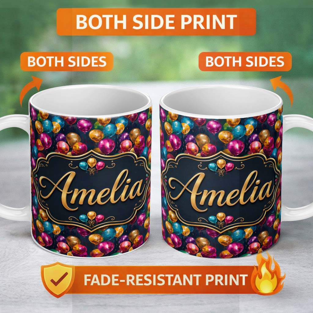 Personalized Custom Name Colorful Party Balloons on Dark Background Seamless Pattern Name 11oz Ceramic Coffee Tea Mug White Large Handle