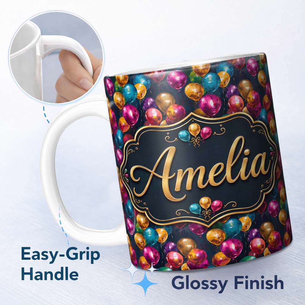 Personalized Custom Name Colorful Party Balloons on Dark Background Seamless Pattern Name 11oz Ceramic Coffee Tea Mug White Large Handle