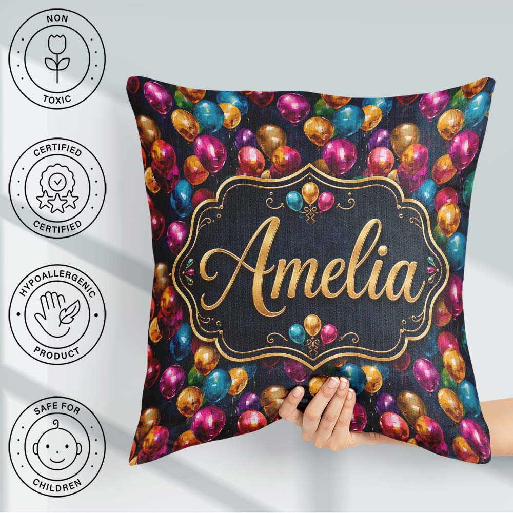 Custom Name Colorful Party Balloons Dark Background Pattern Name Square Filled Cushion Throw Pillow Sofa Bed Home Decor Zip Washable UK Made