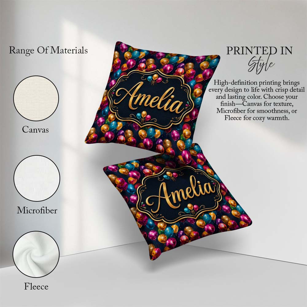 Custom Name Colorful Party Balloons Dark Background Pattern Name Square Filled Cushion Throw Pillow Sofa Bed Home Decor Zip Washable UK Made