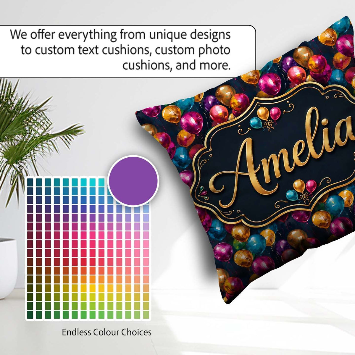 Custom Name Colorful Party Balloons Dark Background Pattern Name Square Filled Cushion Throw Pillow Sofa Bed Home Decor Zip Washable UK Made