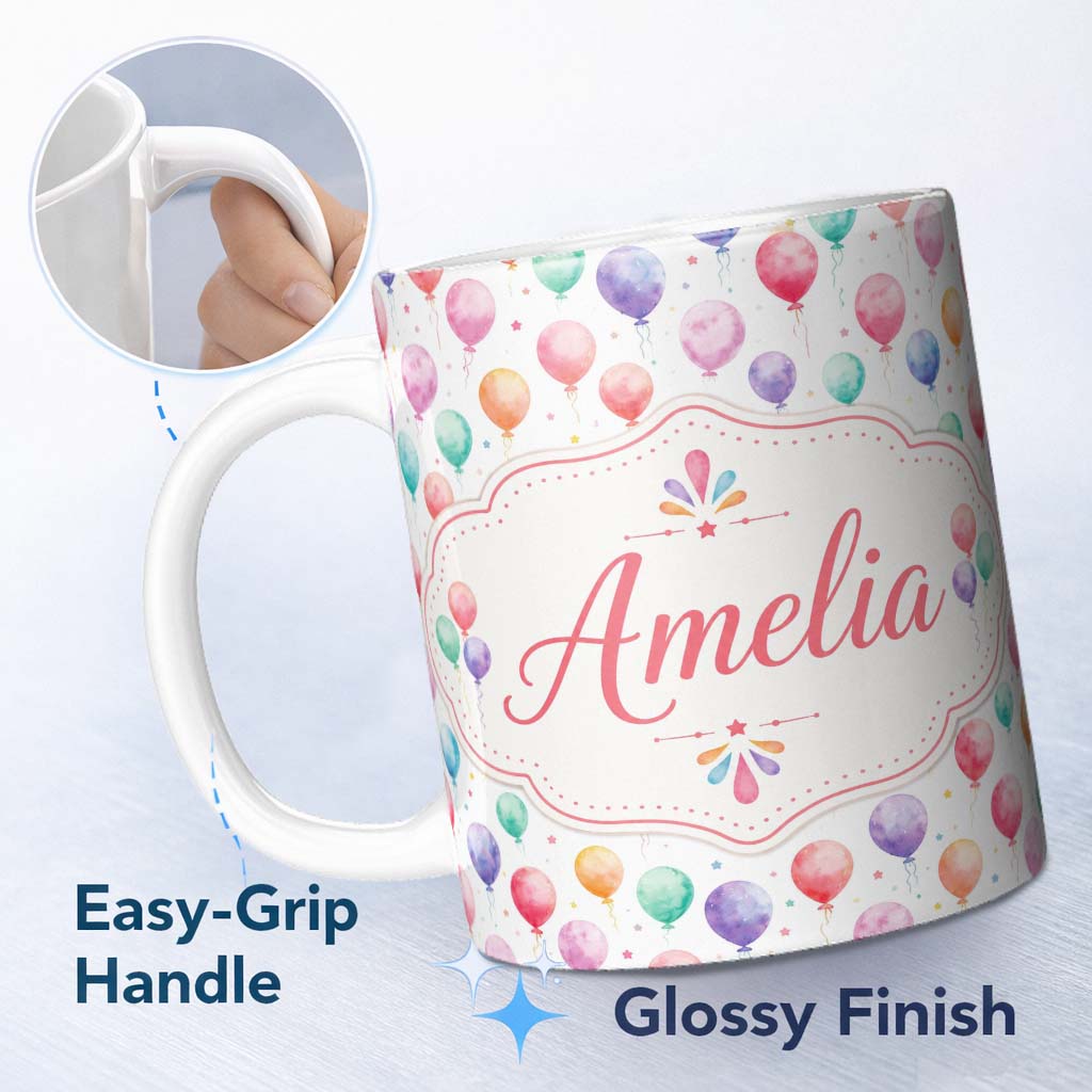 Personalized Custom Name Soft Pastel Watercolor Balloons Floating Seamless Pattern Custom 11oz Ceramic Coffee Tea Mug White Large Handle