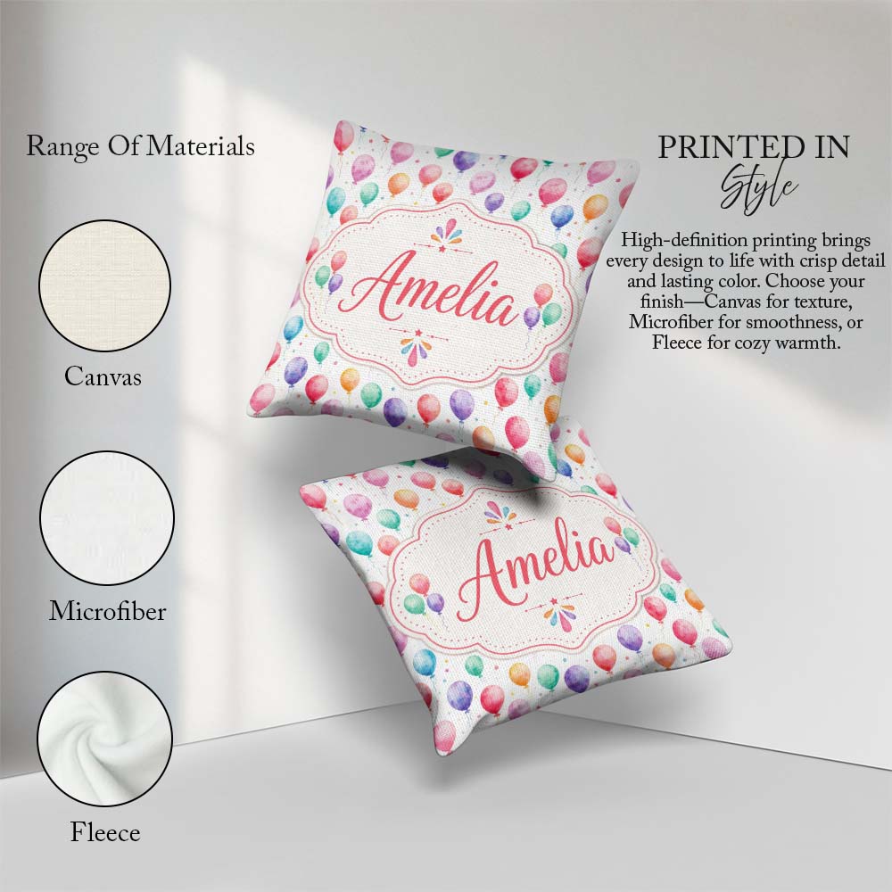 Custom Name Pastel Watercolor Balloons Floating Seamless Pattern Square Filled Cushion Throw Pillow Sofa Bed Home Decor Zip Washable UK Made