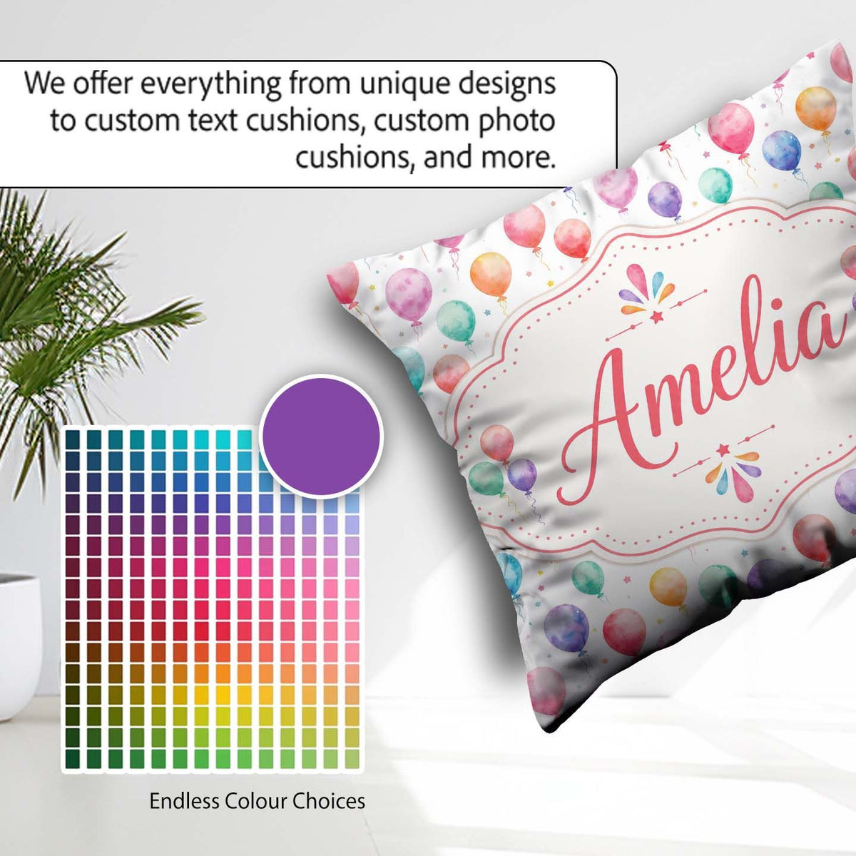 Custom Name Pastel Watercolor Balloons Floating Seamless Pattern Square Filled Cushion Throw Pillow Sofa Bed Home Decor Zip Washable UK Made