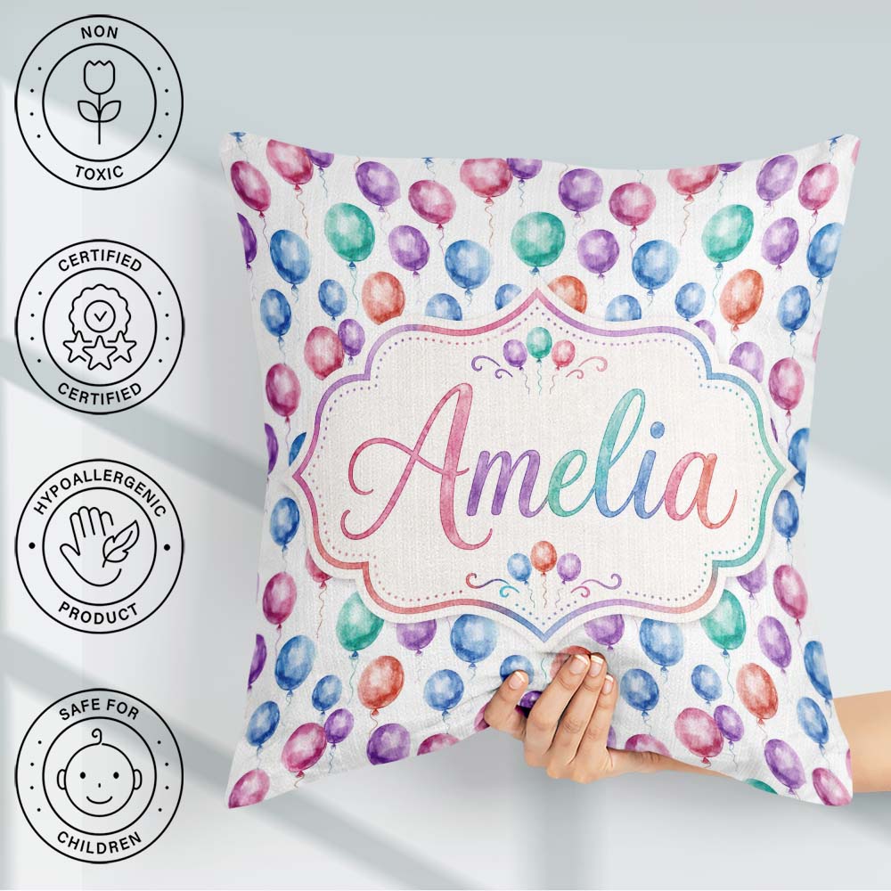 Custom Name Bright Watercolor Balloons with Blue Purple Seamless Square Filled Cushion Throw Pillow Sofa Bed Home Decor Zip Washable UK Made