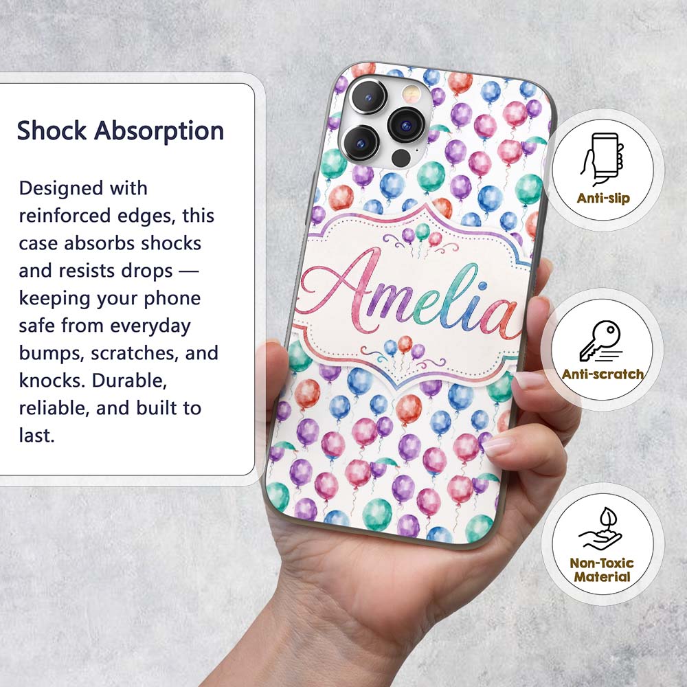 Bright Watercolor Balloons with Blue Purple Tones Custom Name Protective Phone Case Mobile Cover Durable Everyday Smartphone Shock Resistant