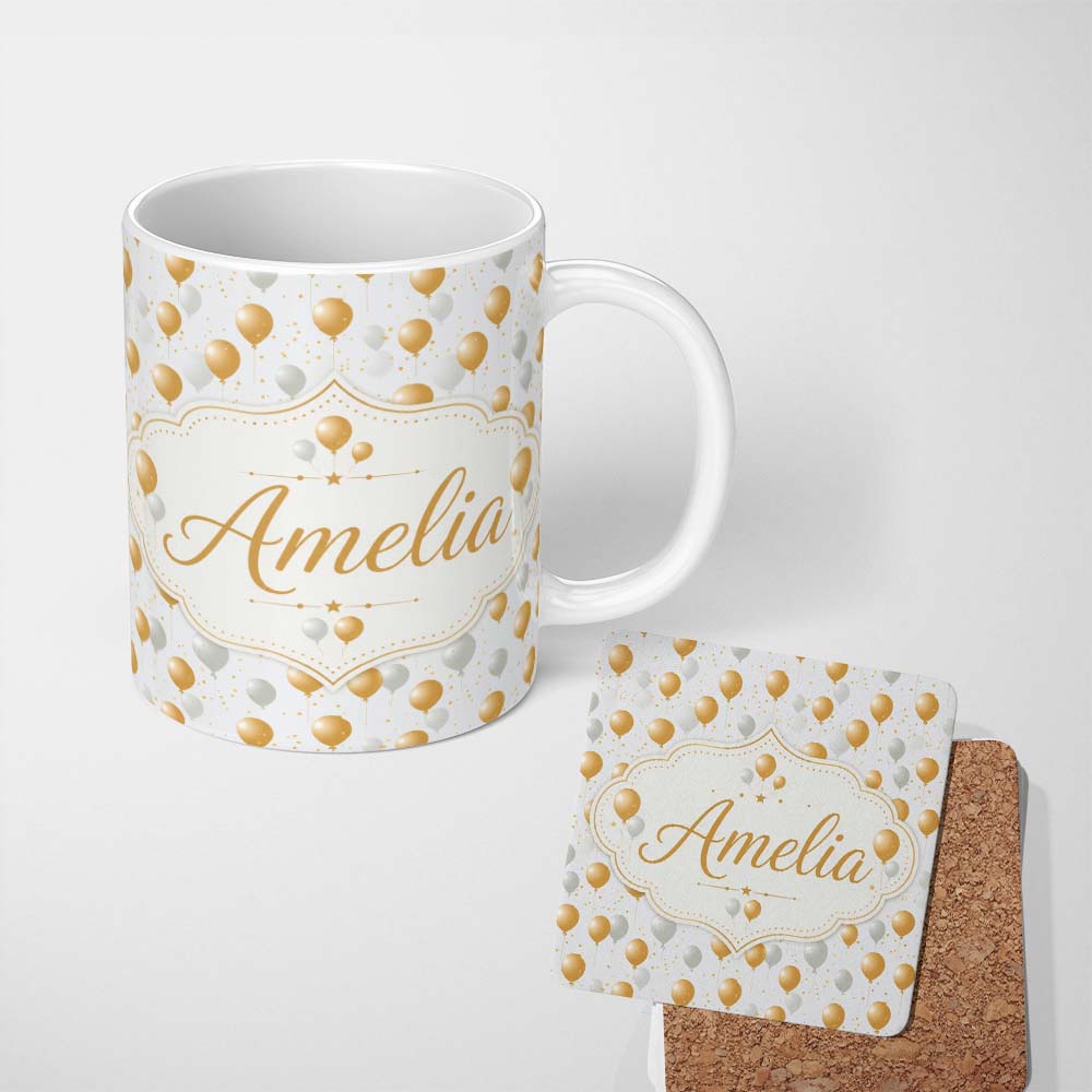 Personalized Custom Name Elegant Gold and White Balloons Confetti Seamless Pattern Custom 11oz Ceramic Coffee Tea Mug White Large Handle