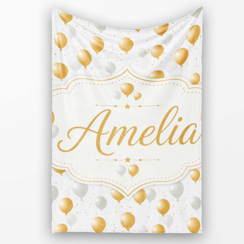 Elegant Gold and White Balloons Confetti Seamless Pattern Custom Personalised Custom Name Super Soft Fleece Blanket Bed Sofa Throw