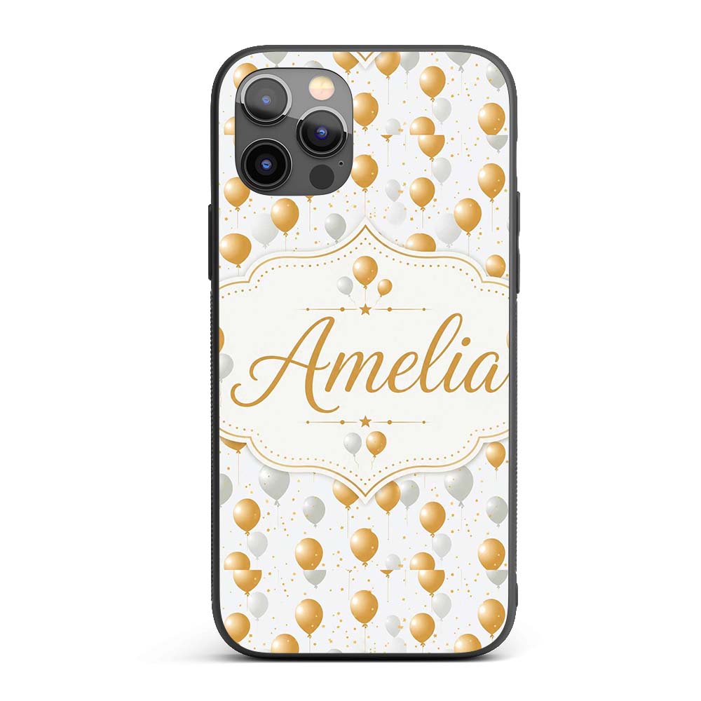 Elegant Gold and White Balloons Confetti Seamless Custom Name Protective Phone Case Mobile Cover Durable Everyday Smartphone Shock Resistant