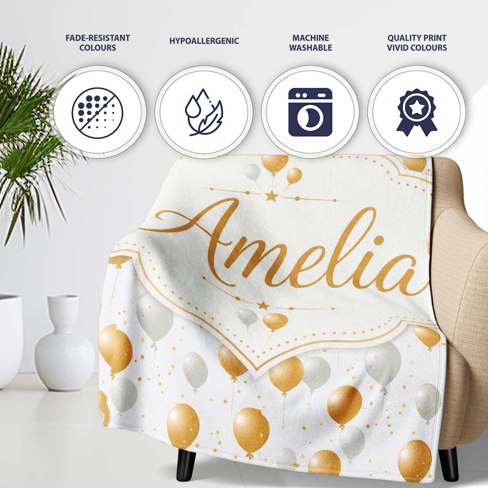Elegant Gold and White Balloons Confetti Seamless Pattern Custom Personalised Custom Name Super Soft Fleece Blanket Bed Sofa Throw