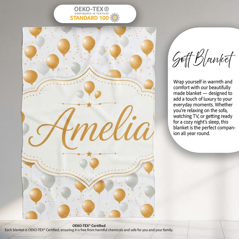 Elegant Gold and White Balloons Confetti Seamless Pattern Custom Personalised Custom Name Super Soft Fleece Blanket Bed Sofa Throw