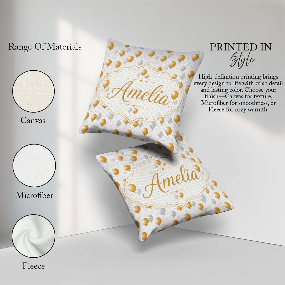 Custom Name Elegant and White Balloons Confetti Seamless Pattern Square Filled Cushion Throw Pillow Sofa Bed Home Decor Zip Washable UK Made