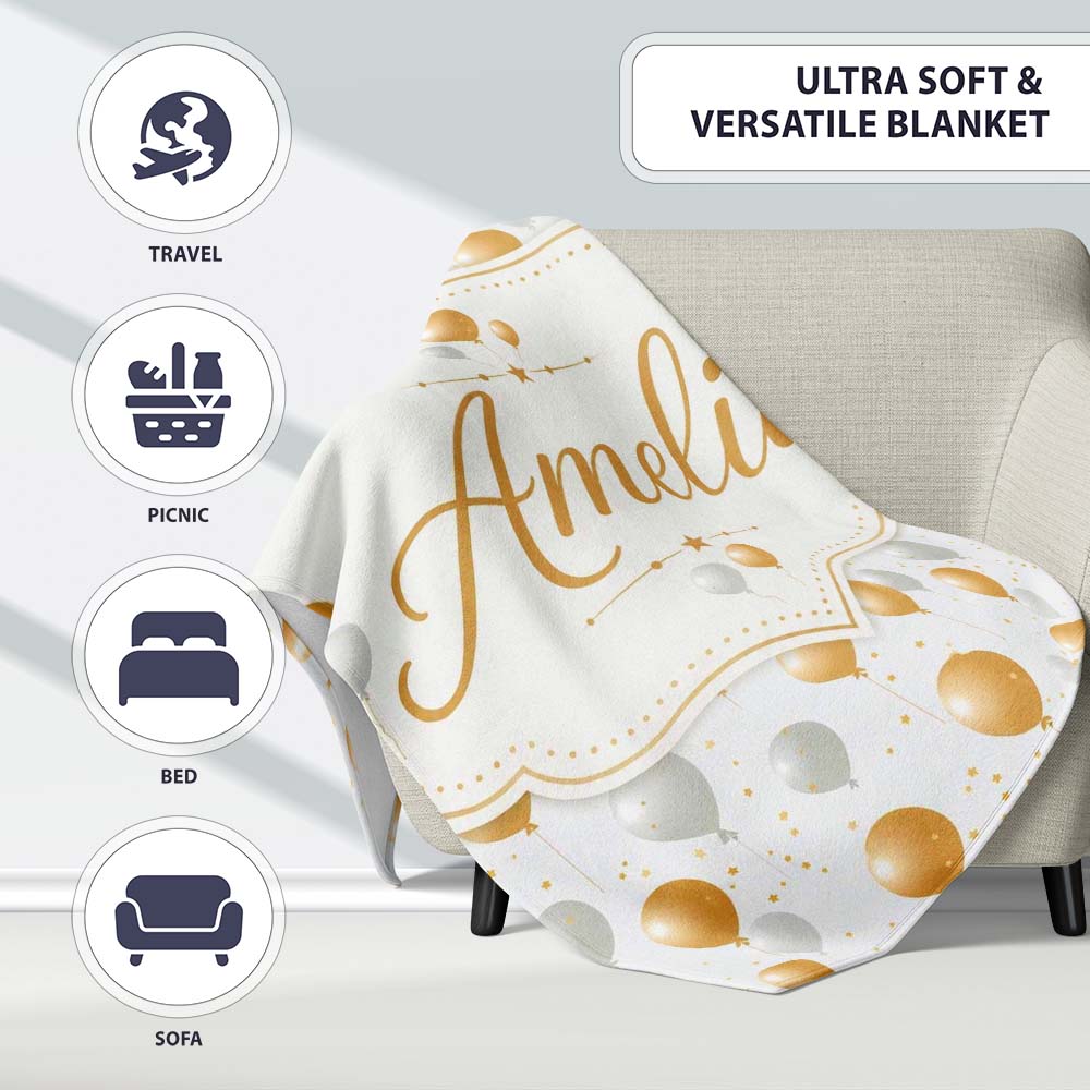 Elegant Gold and White Balloons Confetti Seamless Pattern Custom Personalised Custom Name Super Soft Fleece Blanket Bed Sofa Throw