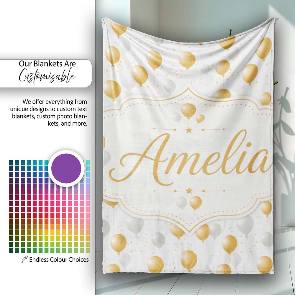 Elegant Gold and White Balloons Confetti Seamless Pattern Custom Personalised Custom Name Super Soft Fleece Blanket Bed Sofa Throw