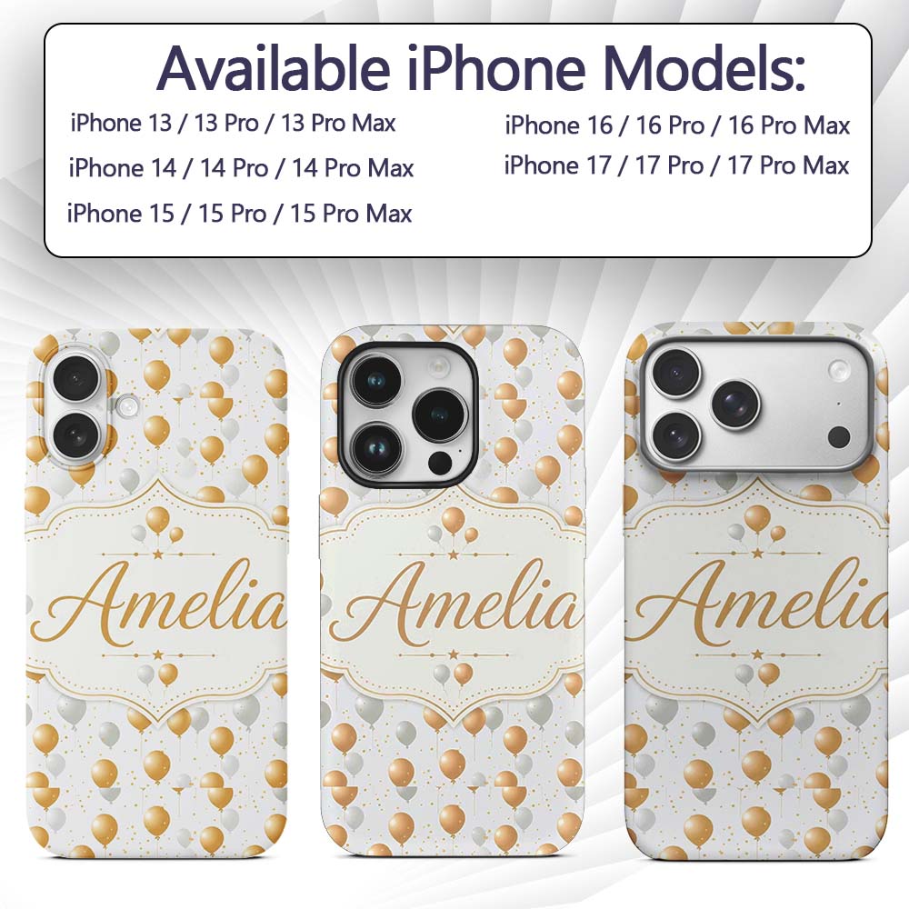 Elegant Gold and White Balloons Confetti Seamless Custom Name Protective Phone Case Mobile Cover Durable Everyday Smartphone Shock Resistant