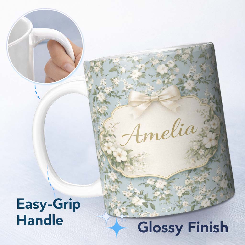 Personalized Custom Name Light Blue Ditsy Floral Small Blossom Repeat Cute Unique Gift Lovely 11oz Ceramic Coffee Tea Mug White Large Handle