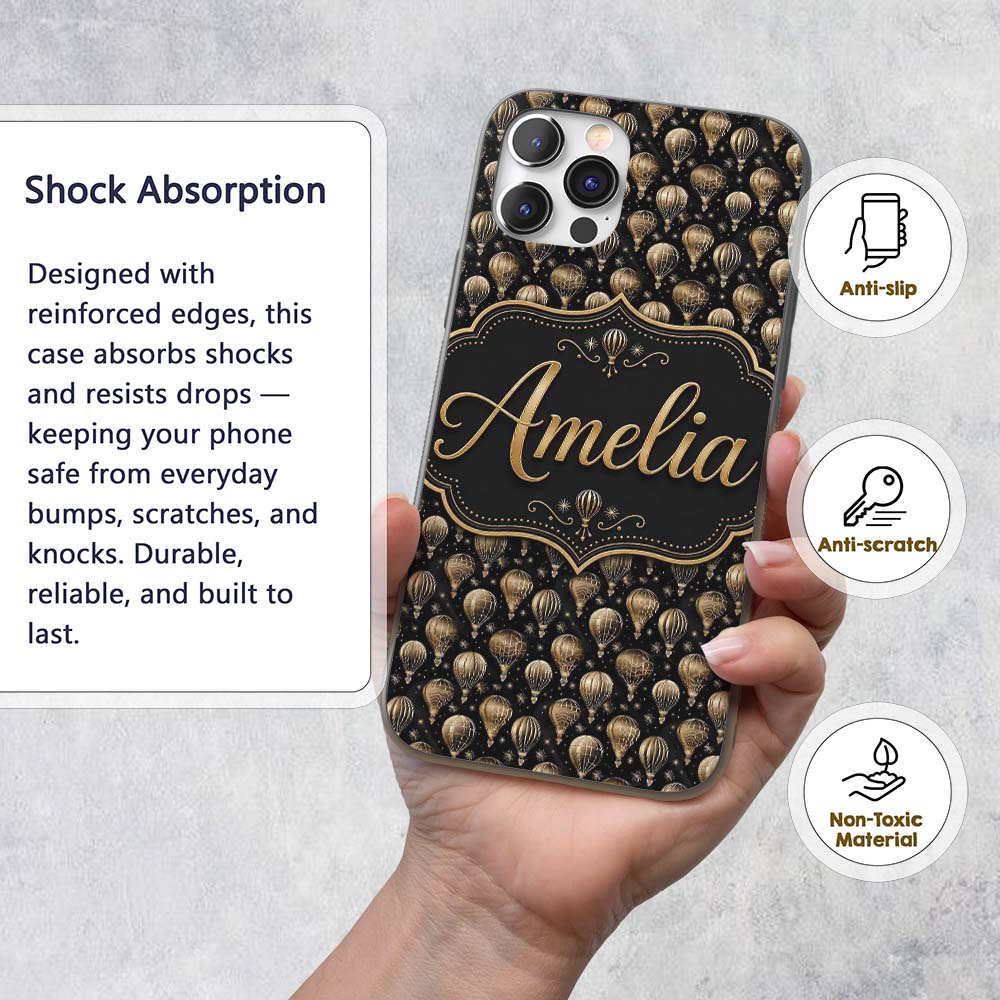 Luxury Gold Hot Air Balloons on Printed Design Custom Name Protective Phone Case Mobile Cover Durable Everyday Smartphone Shock Resistant