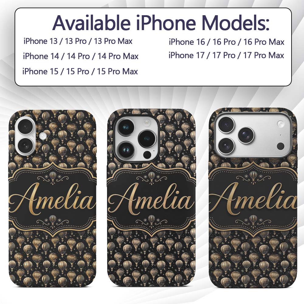 Luxury Gold Hot Air Balloons on Printed Design Custom Name Protective Phone Case Mobile Cover Durable Everyday Smartphone Shock Resistant