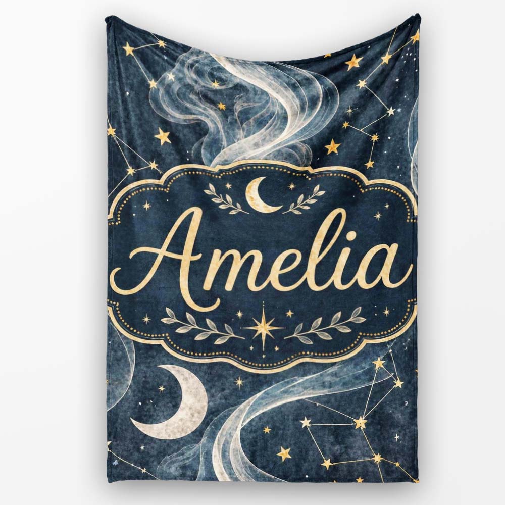 Celestial Botanical Moon Stars Night Sky Leaves Seamless Pattern Personalised Custom Name Super Soft Fleece Blanket Bed Sofa Throw