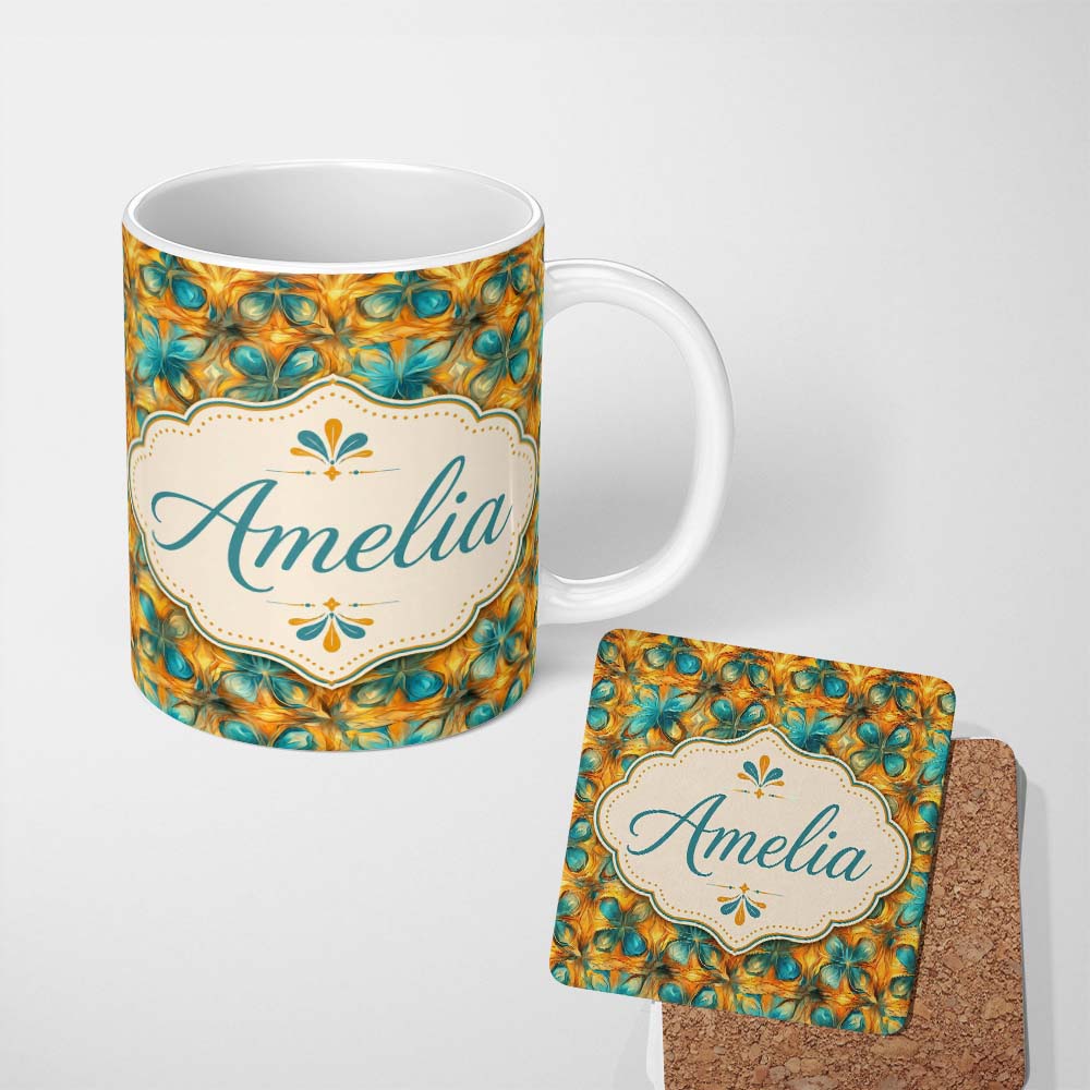 Personalized Custom Name Abstract Teal and Orange Floral Geometric Seamless Pattern Name Cute 11oz Ceramic Coffee Tea Mug White Large Handle