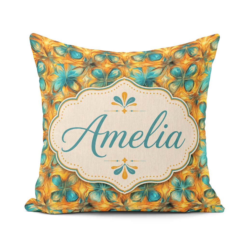 Custom Name Abstract Teal and Orange Geometric Pattern Name Cute Square Filled Cushion Throw Pillow Sofa Bed Home Decor Zip Washable UK Made