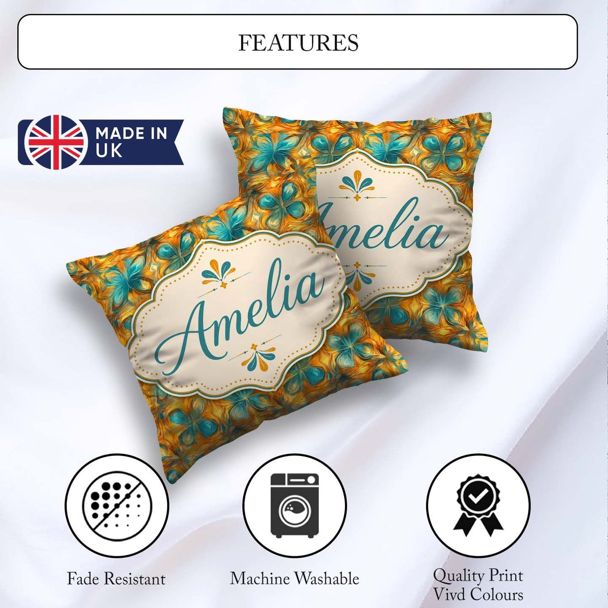 Custom Name Abstract Teal and Orange Geometric Pattern Name Cute Square Filled Cushion Throw Pillow Sofa Bed Home Decor Zip Washable UK Made