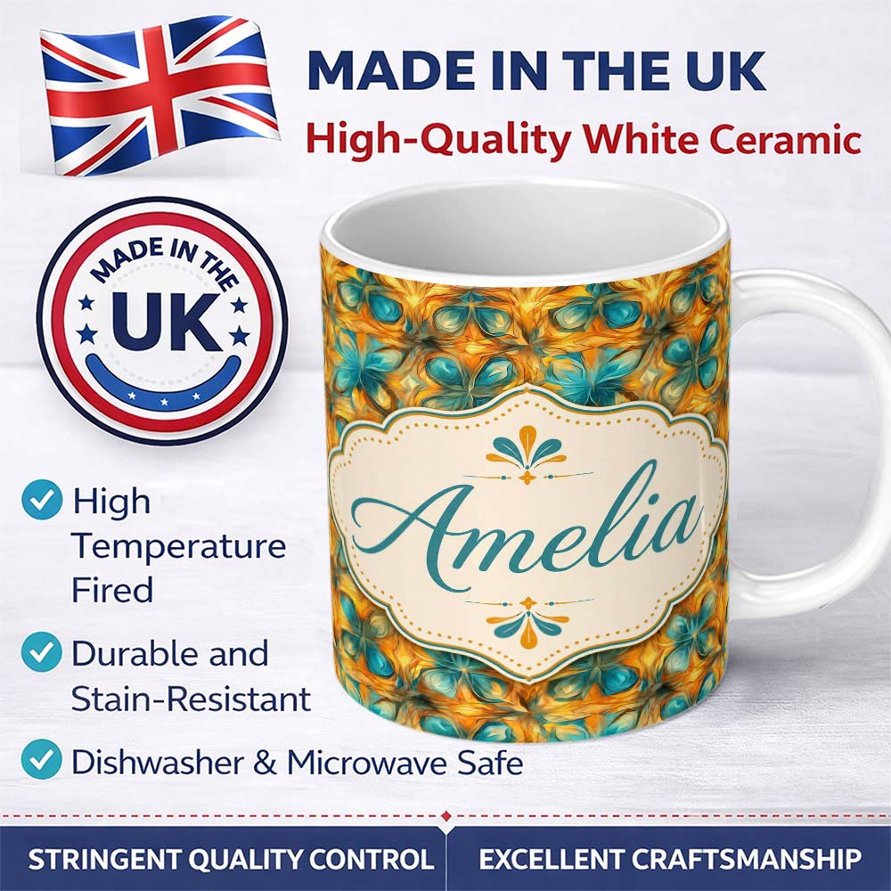 Personalized Custom Name Abstract Teal and Orange Floral Geometric Seamless Pattern Name Cute 11oz Ceramic Coffee Tea Mug White Large Handle