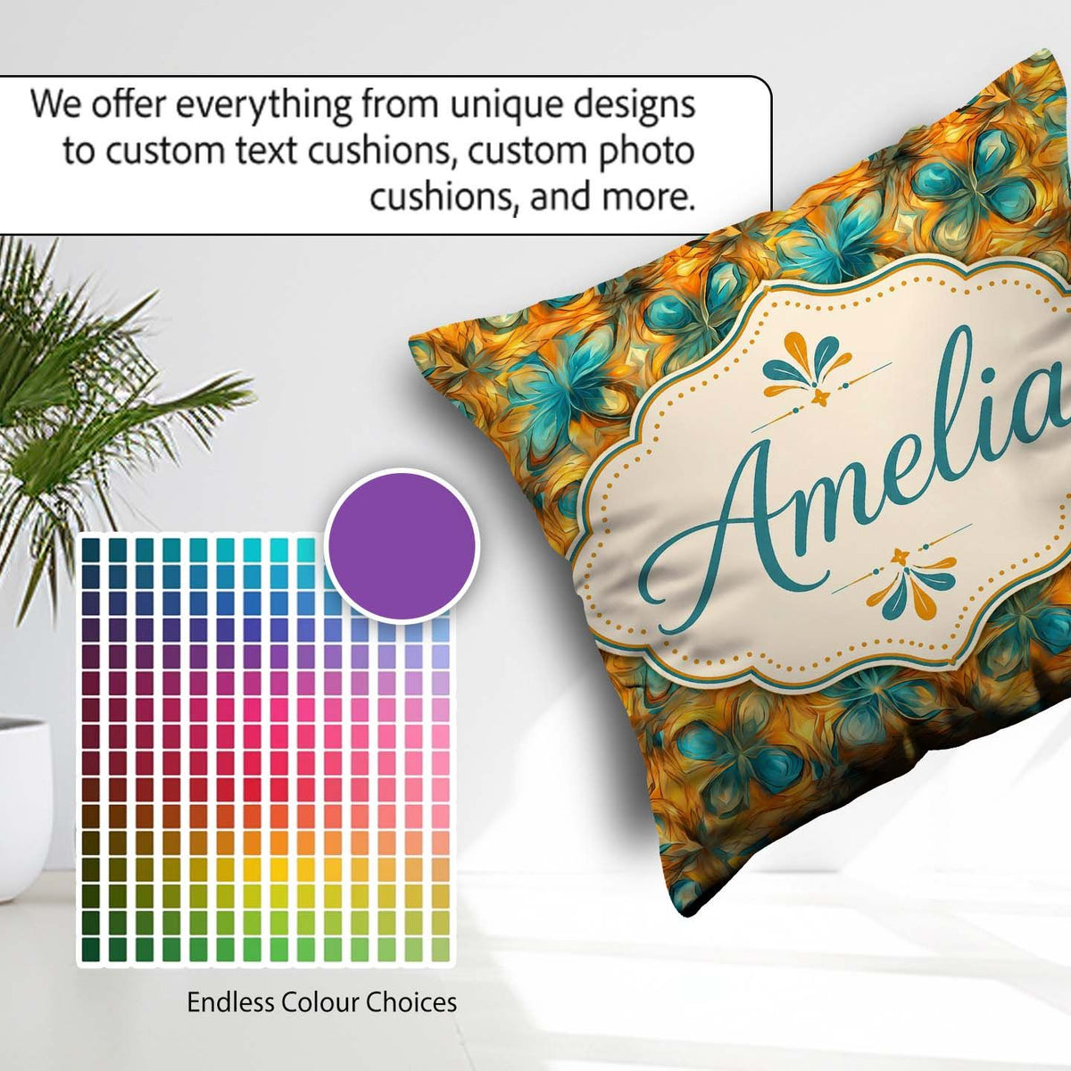 Custom Name Abstract Teal and Orange Geometric Pattern Name Cute Square Filled Cushion Throw Pillow Sofa Bed Home Decor Zip Washable UK Made