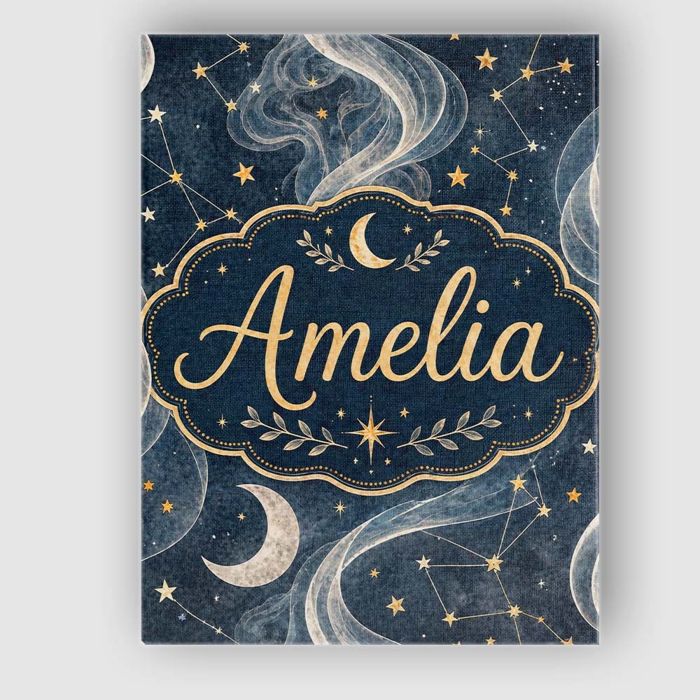 Personalised Name Celestial Botanical Moon Stars Night Sky Leaves Custom Bespoke Canvas Wall Art Print Decor Picture Ready to Hang