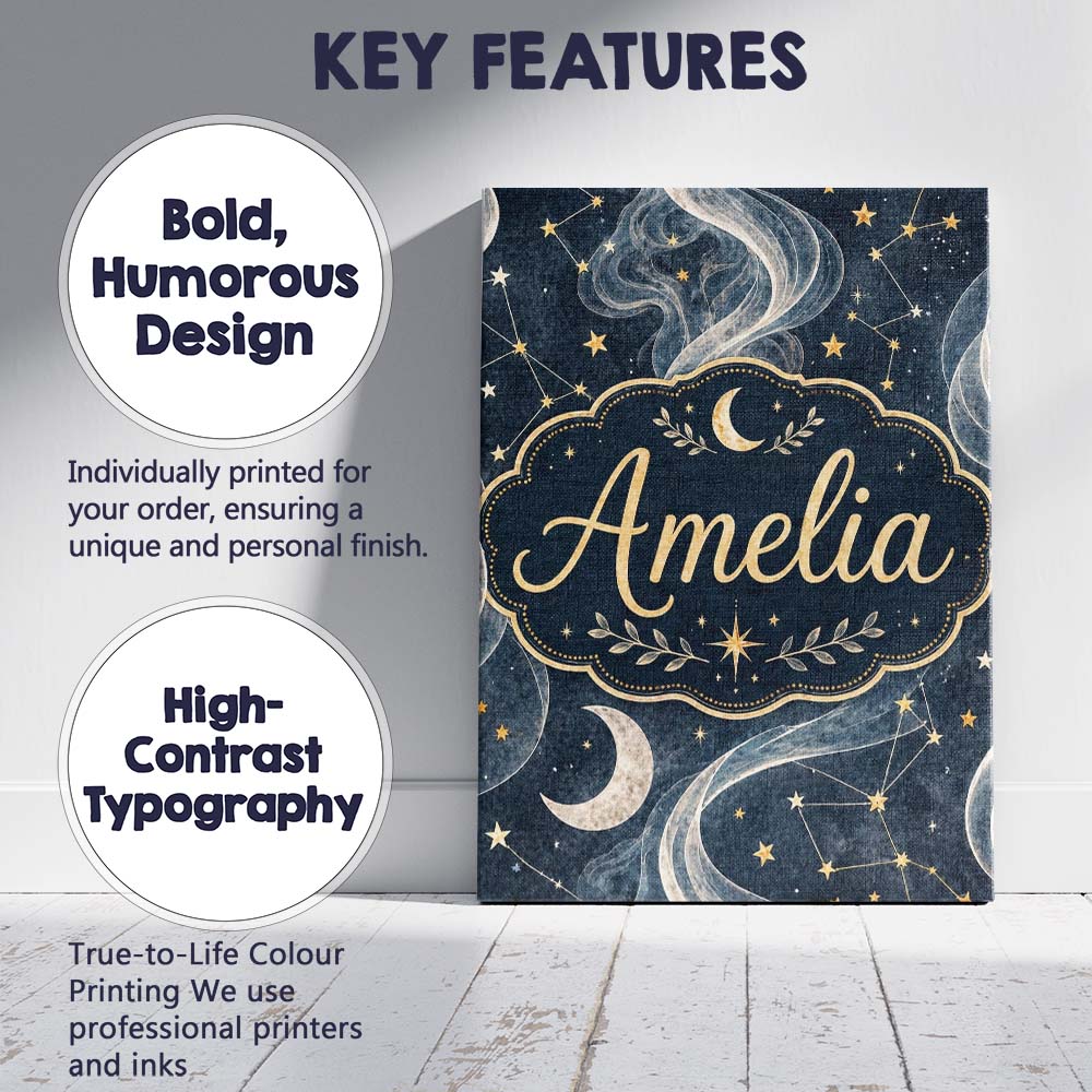 Personalised Name Celestial Botanical Moon Stars Night Sky Leaves Custom Bespoke Canvas Wall Art Print Decor Picture Ready to Hang